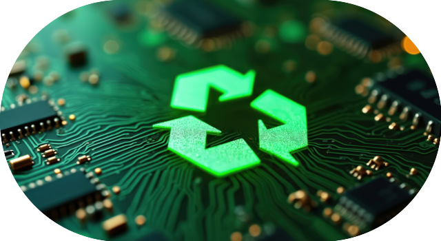Symbole de recyclage lumineux sur carte électronique représentant l’économie circulaire numérique