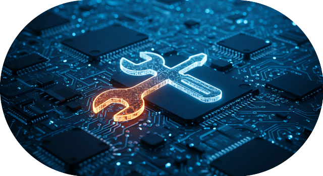 Icône d’outils de maintenance sur une puce électronique dans un circuit informatique